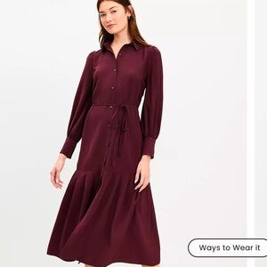 LOFT Petite Pleated Tie Waist Midi Shirtdress